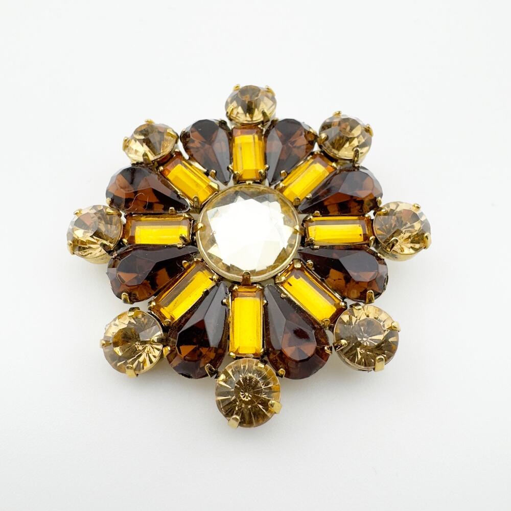 Vintage Brooch Pin Sunburst Amber Yellow Glass Stones Gold Tone‎ Jewelry - Picture 5 of 7